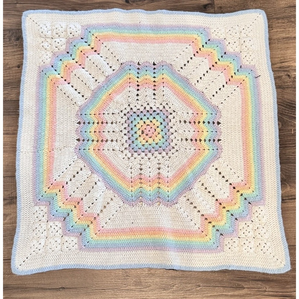 VTG 90s Handmade Crochet  Afghan Baby Blanket Pastel‎ Colors . Approx 25"x25"